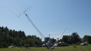 Using the "falling derrick: method to raise the 40' mast and antenna. This method does not require anyone to leave the ground.